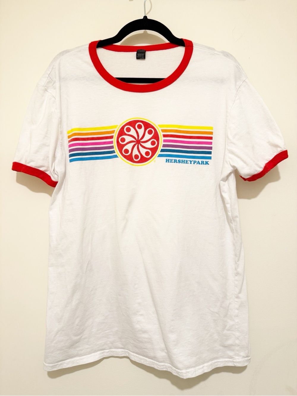 Retro Hershey Park Ringer Tee with Red Trim and Rainbow Graphic